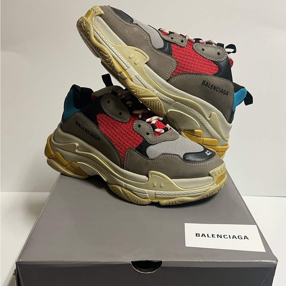 Balenciaga Triple S Gray Blue Red Trainers Runners Platform Men SZ 42 Size 9